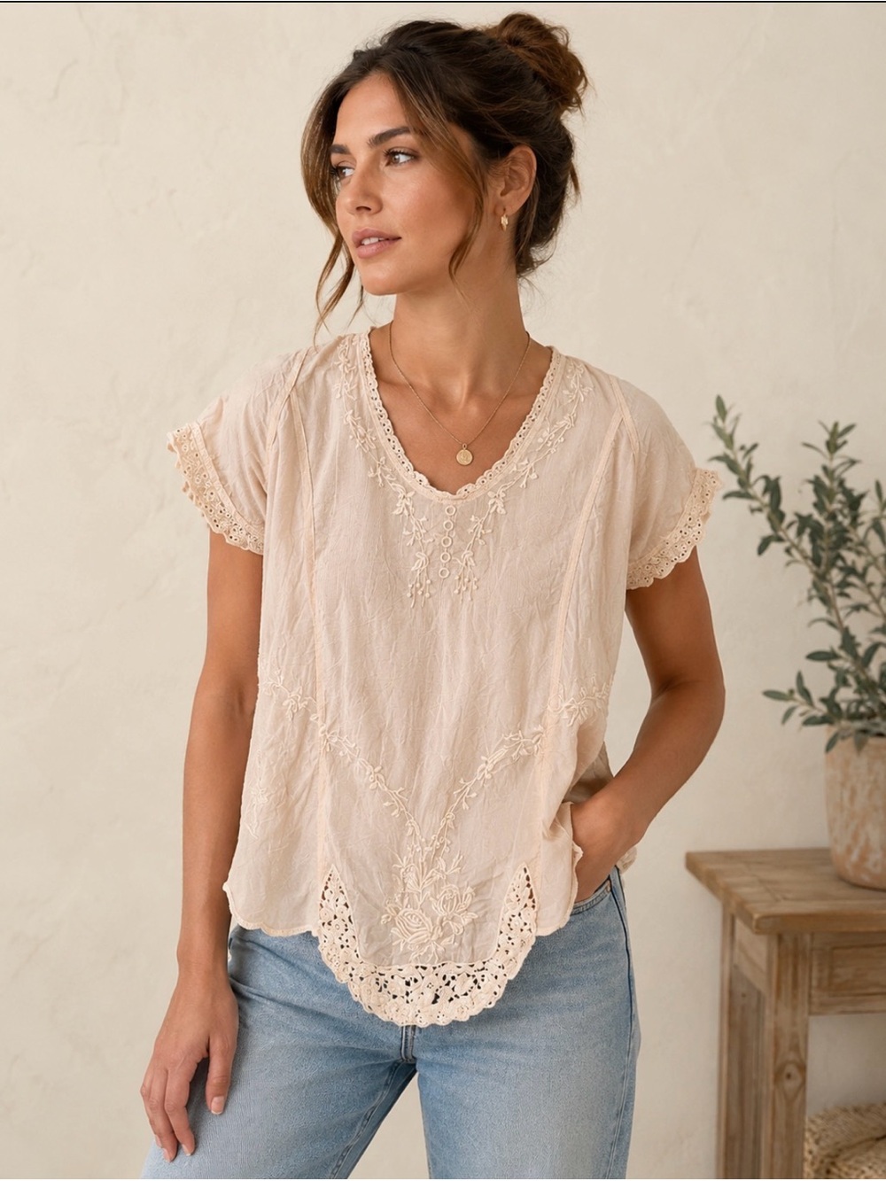 Johnny Was blush pink swing tunic Top Embroidered floral lace feminine Boho XS